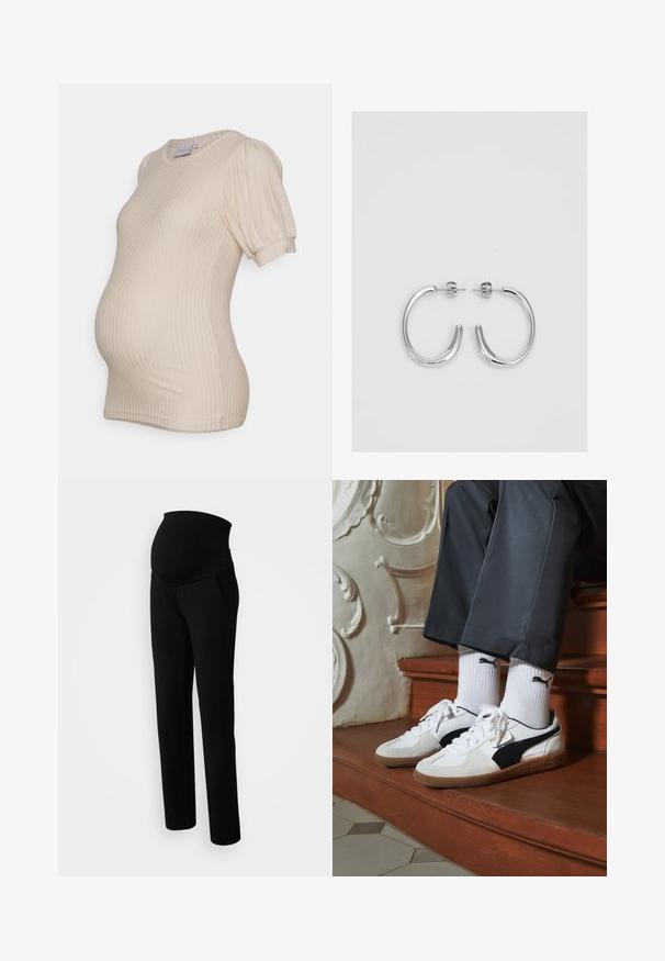 Beige graviditetstop med ribbet tekstur, korte pufærmer og rund halsudskæring, designet til at rumme en voksende mave.; Graviditetsbukser i sort, med en strækbar talje for komfort, sidelommer, lige ben design og blød stoftekstur.; Puma sneakers i hvid og sort ruskind med en brun gummisål. Bæres med hvide sokker med et sort logo og mørke bukser.; Sølv øreringe i cirkel med en glat, skinnende overflade, der har en buet form og lukning med stift bagpå. Minimalistisk design med et moderne udseende.