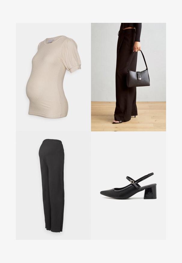 Bluză de maternitate bej cu textură nervurată, mâneci scurte tip bufantă și decolteu rotund, concepută pentru a se adapta unei burtici în creștere.; Pantaloni negri cu talie înaltă, cu un band elastic și croială dreaptă, pe un fundal alb simplu.; Cizme cu toc slingback din piele sintetică lacuită neagră, cu vârful ascuțit, un design cu decupaj rotunjit și toc bloc. Include un accent cu cataramă de culoare aurie.; Genți negre cu o formă structurată, textură netedă și un închizător metalic. Asortată cu pantaloni negri largi și sandale cu vârf deschis pe un podea din lemn.