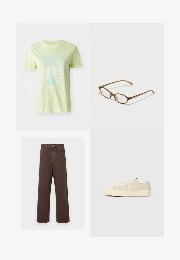 Svetlozelené tričko vyrobené z bavlny, s grafickým motívom modrej palmy a textom "LETNÉ SNY", s krátkymi rukávmi s rolovaným okrajom.; Hnedé nohavice s širokými nohavicami vyrobené z denimu, s kontrastným šitím, piatimi vreckami a kovovým zapínaním. Hladká textúra, rovný strih.; Svetlo béžové plátnené tenisky s textúrovaným povrchom, gumovou špičkou a okrúhlymi šnúrkami. Obsahujú hviezdne logo a nízky profil.; Hnedé želvovinové okuliare s oválnymi sklíčkami, tenkými ramenami a priesvitnými akcentmi. Obsahujú jemný logo na stranici. Štýlový, ľahký dizajn.