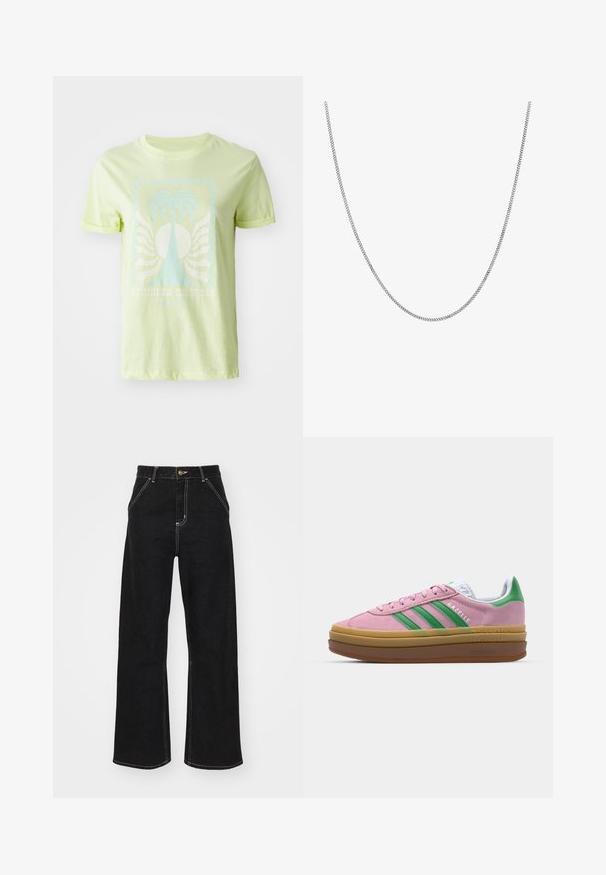 T-shirt vert clair en coton, avec un graphique de palmier bleu et le texte "SUMMER DREAMS", avec des manches courtes retroussées.; Jean large noir en denim, avec des coutures blanches contrastantes et une fermeture à bouton à l'avant, ainsi que deux poches avant en biais.; Baskets en daim rose avec des rayures vertes, des accents blancs et une semelle en caoutchouc brun. Comportent un tissu texturé et un détail de logo sur le côté.; Collier en chaîne en argent avec un design de maillons plats ronds et lisses. Présente une finition brillante et mesure environ 50 cm de longueur.