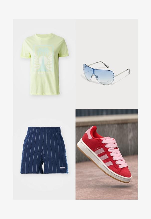 Lichtgroene t-shirt van katoen, met een blauwe palmboomegrafiek en de tekst "SOMMERDROMEN", voorzien van opgerolde korte mouwen.; Navy blauwe shorts met witte streepjes, elastische tailleband en het Adidas-logo. Kenmerkt blauwe accenten aan de zijkanten, gemaakt van een katoenmix.; Rode nubuck sneakers met roze accenten, voorzien van drie witte strepen en lichtroze veters. Witte tussenzool en gumrubberen buitenzool.; Aviator zonnebril met een gradient blauwe lens, zilveren metalen frame en decoratieve sterrenaccenten op de lens. Glad en strak ontwerp.