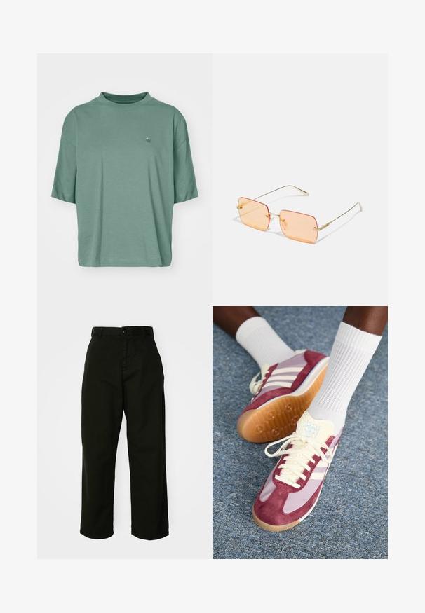 Krótki rękaw, luźna koszulka z bawełny w stonowanym zielonym kolorze. Posiada subtelne logo fal na klatce piersiowej oraz ściągacz przy okrągłym dekolcie.; Czarne, szerokie spodnie wykonane z wytrzymałego materiału bawełnianego. Posiadają zapięcie na guzik i kieszenie boczne. Gładka faktura oraz dopasowane wykończenie.; Sneakers z burgundowym zamszem i jasnopurpurowym wzorem, z trzema białymi paskami, kremowymi sznurówkami i teksturowanym żółtym językiem. Gumowa podeszwa.; Złote metalowe okulary przeciwsłoneczne z prostokątnymi pomarańczowymi soczewkami. Wyróżniające się cienkimi zausznikami i subtelnymi teksturowanymi akcentami w pobliżu zawiasów.