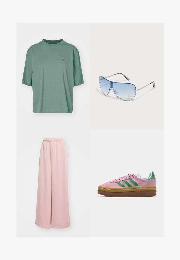 Īsām piedurknēm, brīvā griezuma T-krekls mierīgi zaļā kokvilnā. Tam ir diskrēts viļņu logo uz krūtīm un ribota apaļā kakla izgriezums.; Gaiši rozā platās bikses ar elastīgu jostasvietu. Gluda auduma, ar sānu kabatām un smalku zīmolu uz kreisās kājas.; Rozā zamša kedas ar zaļām svītrām, baltām akcentiem un brūnu gumijas zoli. Izstrādātas ar teksturētu audumu un logotipa detaļām sānos.; Pilotstila saulesbrilles ar gradienta zilām lēcām, sudraba metāla rāmjiem un dekoratīvām zvaigžņu akcentiem uz lēcām. Gluda un eleganta dizaina.