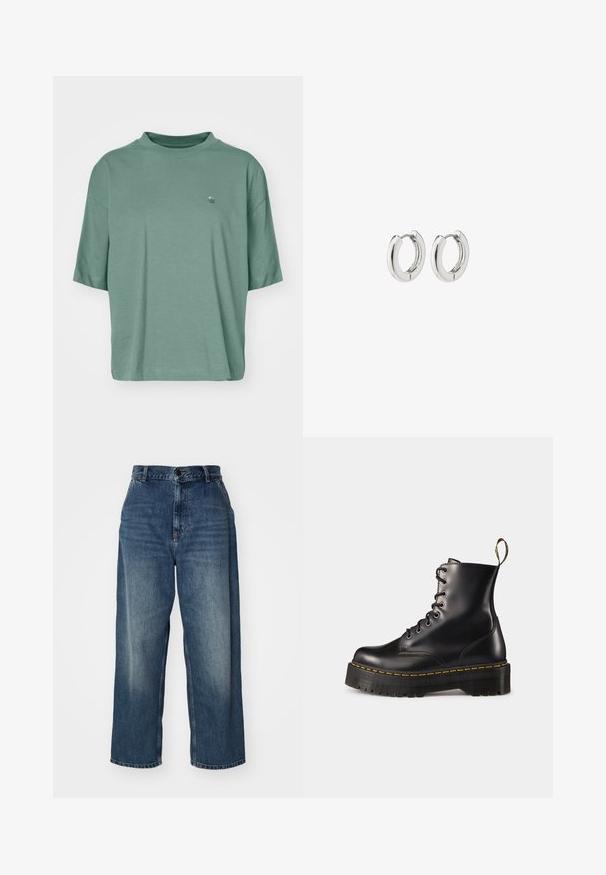 Majica kratkih rukava, širokog kroja, u prigušenoj zelenoj boji od pamuka. Sadrži suptilni valoviti logotip na prsima i rebrasti okrugli izrez.; Plave traperice širokih nogavica s visokim strukom, s kopčanjem na dugme, petljama za remen i izblijedjivanjem preko butina. Ravne nogavice.; Crne kožne čizme s vezanjem do članka, s debelim crnim potplatom i žutim šavom. Imaju traku za povlačenje na stražnjoj strani i okrugle metalne rupice.; Srebrne kružne naušnice s poliranim završetkom, koje imaju kružni dizajn i bešavne šarke, prikazujući glatku teksturu.