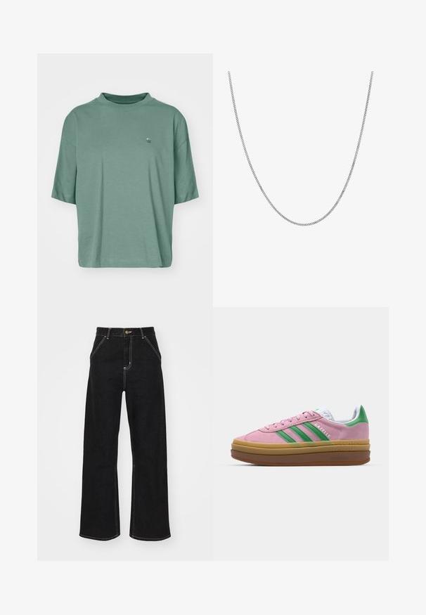 Lühikeste varrukatega, lõdva lõikega T-särk tuhmroheline puuvill. Esiküljel on diskreetne laine logo ja soonikuga ümar kaelus.; Mustmustest mustadest denimist, millel on kontrastsed valged õmblused ja esine nupp, kahe nurga all asuva esipocketiga.; Roosa nahast tossud roheliste triipude, valgete aktsentide ja pruuni kummitaldiga. Omavad tekstuuriga kangast ja logo detaile külgedel.; Hõbedane kettkaelakee sujuva, ümmarguse lame lingikujundusega. Omab läikivat viimistlust ja mõõdab ligikaudu 20 tolli pikkust.