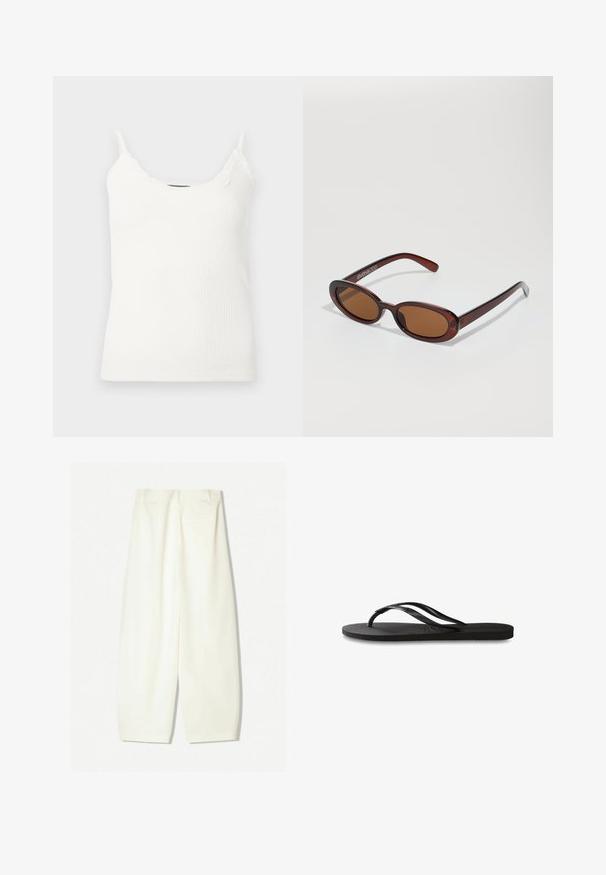 Hvid ribbet camisole med justerbare spaghettistropper og blonderkant ved halsudskæringen. Blødt, tekstureret stof med en tætsiddende pasform.; Bredde bukser i et blødt cremfabric, med en glat tekstur, forreste lommer og en afslappet pasform med en mid-rise talje.; Sorte flip-flop med en tekstureret gummisål, to slanke stropper og et subtilt, præget logodetalje på stroppen.; Runde, bruntonede solbriller med en glansfuld bordeauxramme. Slanke arme med diskret brandingdetalje. Flad linsedesign.