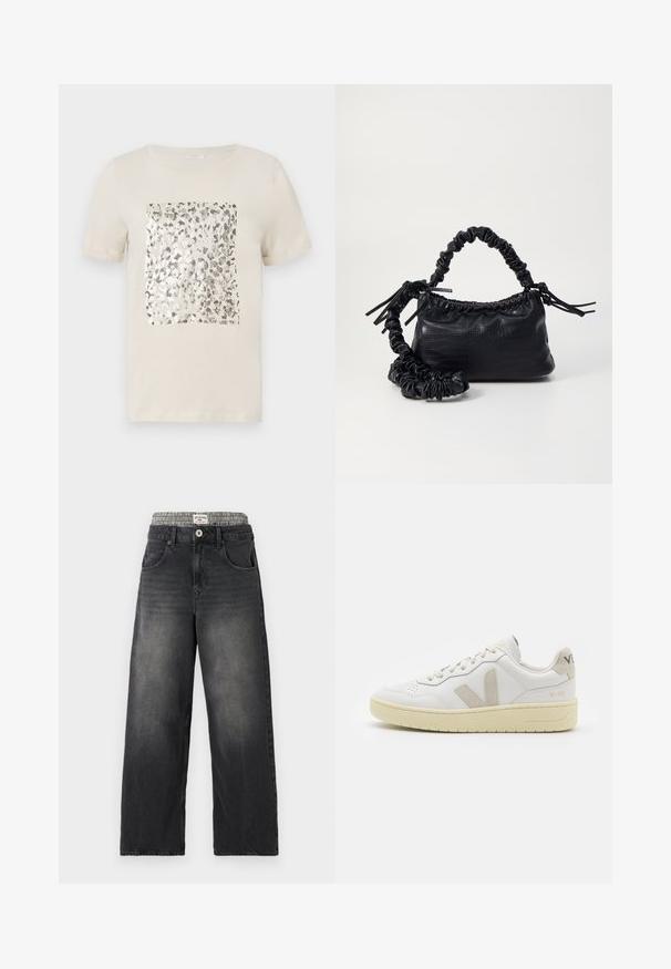 T-shirt beige a maniche corte con una grafica quadrata di stampa animale argentata al centro. Materiale in cotone morbido, scollatura classica a girocollo.; Jeans neri in denim a gamba larga con una cintura a motivo houndstooth. Presentano tasche frontali e chiusura con bottone. Texture usurata.; Sneaker in pelle bianca con dettagli in suede beige, punta perforata, lacci piatti e suola testurizzata color crema. Presenta un logo discreto sul tallone.; Borsa a tracolla in ecopelle nera con texture a coccodrillo, apertura cinchata e tracolla arricciata. Si presenta con un design morbido e compatto.