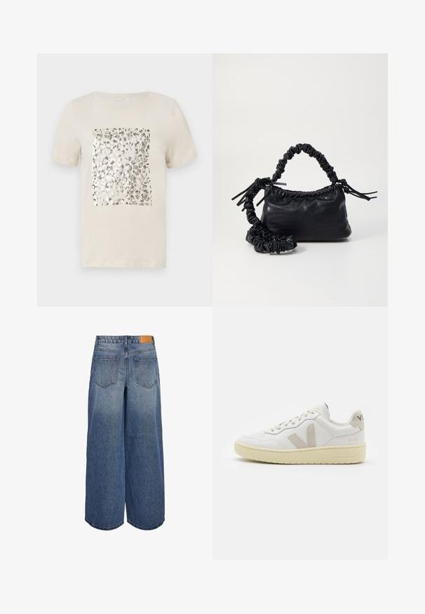 Beige short-sleeve t-shirt with a square silver animal print graphic in the center. Soft cotton material, classic crew neckline.; Wide-leg denim culottes in medium blue wash with a faded texture, featuring two back pockets and a brown leather brand tag on the waistband.; White leather sneaker with beige suede accents, perforated toe box, flat laces, and a textured cream sole. Features subtle branding on heel.; Black faux leather handbag with a crocodile texture, cinched top, and a scrunched strap. Appears soft and compact in design.