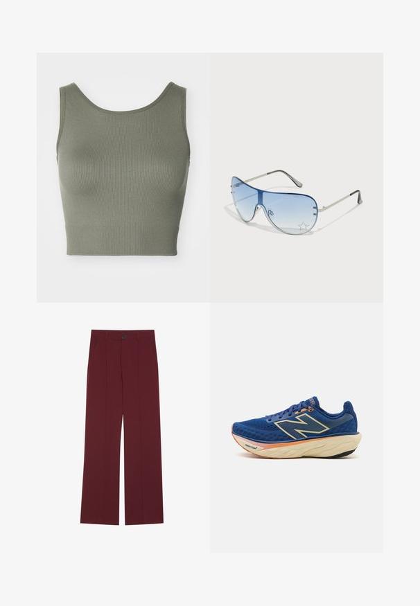 ONLY Play ONPJAIA LIFE SEAM SHORT - Top - kalamata; Burgundy trousers with a wide leg design, featuring a button closure, two side pockets, and creased front detailing. Smooth fabric texture.; Blue running shoe featuring a breathable mesh upper, padded collar, and a cushioned sole with an orange accent. "Fresh Foam" branding visible.; Aviator sunglasses featuring a gradient blue lens, silver metal frame, and decorative star accents on the lens. Smooth and sleek design.