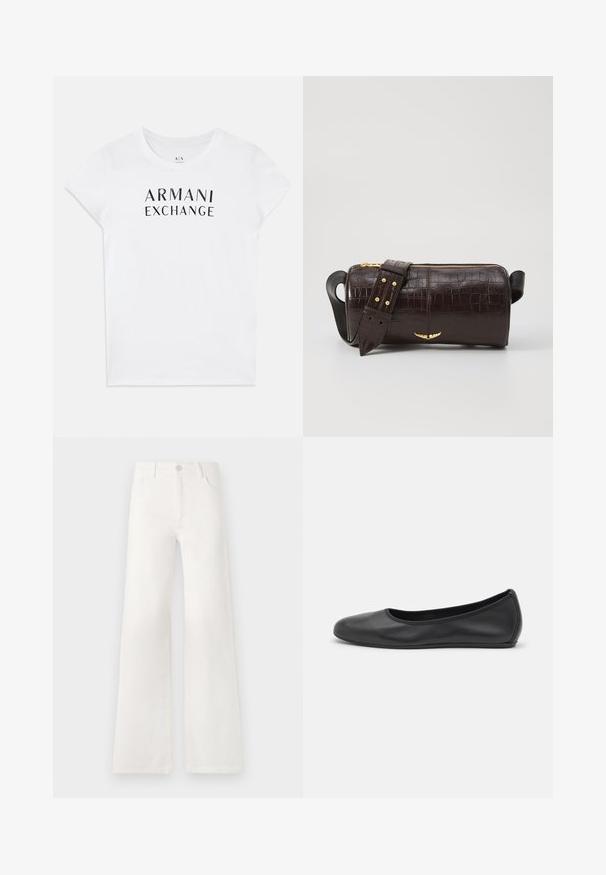T-shirt de algodão branca com um logo preto "ARMANI EXCHANGE" estampado no peito. Mangas curtas e decote redondo. Textura suave.; Jeans brancos, de cintura alta e pernas largas, feitos de denim. Apresentam um fecho de botão, dois bolsos frontais e costuras detalhadas nas laterais.; Bailarina preta em pele com bico arredondado, textura suave, detalhe de costura minimalista e design de sola flexível.; Bolsa de couro com textura de crocodilo na cor marrom, com forma cilíndrica, metalizações em tom dourado e uma alça destacável com tachas.