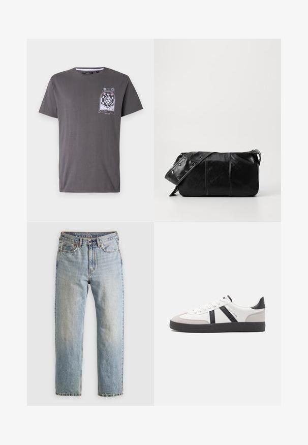 Gray cotton t-shirt with short sleeves and a round neckline, featuring a colorful graphic of a sun and celestial elements on the chest.; Light blue denim jeans with high waist, front button, zipper, and five-pocket design, laid flat on a neutral background.; White sneaker with black and gray accents, featuring a textured gray toe cap, black rubber sole, and flat white laces. Clean design, minimalist style.; Black leather shoulder bag with a zip closure, featuring a textured body, white stitching, and a strap with silver grommets.