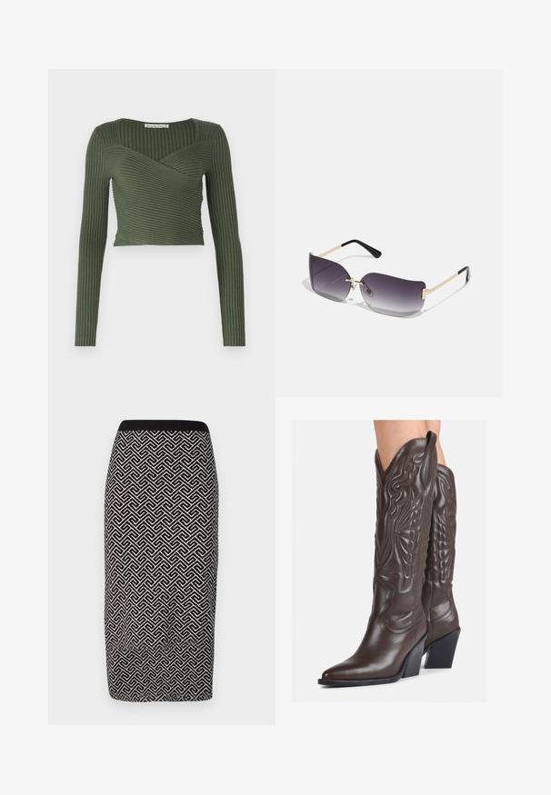 Maslinasto zelena rebrasta dugorukava majica s dizajnom omče i kvadratnim izrezom, s horizontalnim rebrima i skraćenim krojem.; Suknja od olovke s crnom i bijelom šarenom uzorkom, izrađena od teksturiranog materijala, s rebrastim pojasom i geometrijskim dizajnom kroz cijelu suknju.; Smeđe kožne kauboj čizme s šiljastim vrhom i blok-potpeticom, s detaljno izvezenim šavovima i uzdignutim naglascima na okovu.; Naočale sivi gradijent leća, zlatni metalni okvir i crni plastični naglasci. Jedinstvene leće u obliku leptira s tankim drškama.; Zlatne kružne naušnice s glatkom, sjajnom završnom obradom. Kružni dizajn s malom potporom i prozirnom podlogom za sigurno nošenje.