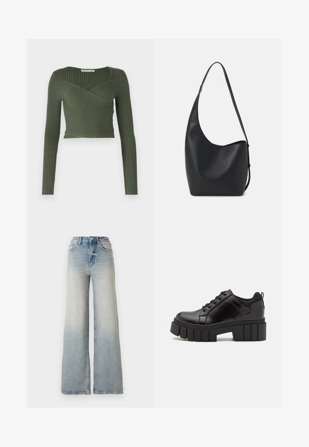 Haut à manches longues côtelé vert olive avec un design croisé et un col carré, présentant des côtes horizontales et une coupe courte.; Jeans large en denim bleu clair, à taille haute, avec cinq poches et couture visible le long des coutures.; Chaussures à plateforme en cuir noir avec un talon bloc épais, bout rond et un design traditionnel à lacets. Elles présentent une texture lisse et un détail minimal.; Sac hobo en cuir noir avec une texture lisse, une forme incurvée et une seule sangle réglable ; dispose d'une large ouverture en haut.