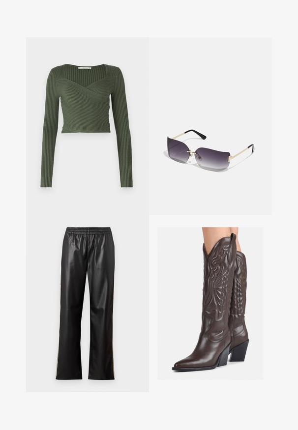 Olivno zelena rebrasta majica z dolgimi rokavi z zavitim dizajnom in kvadratnim izrezom, ki ima vodoravno rebrasto teksturo in krajšim krojem.; Črne hlače iz umetnega usnja z elastičnim pasom, obliko ravnih nog, in kontrastnimi stranskimi črtami. Gladka tekstura in minimalističen slog.; Rjave usnjene kavbojske čevlje z ostrim nosom in blok peto, ki vsebujejo podrobno šivanje in dvignjene dodatke na zgornjem delu.; Sončne očala s sivo naravnanimi lečami, zlatim kovinskim okvirjem in črnimi plastičnimi detajli. Edinstvene leče v obliki metulja z tankimi ročaji.; Zlate uhane v obliki obročkov z gladko, sijočo površino. Krožna zasnova s majhnim nosilcem in prozornim podplatom za varno nošenje.