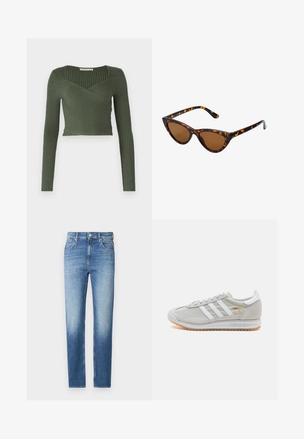 Olijfgroen geribbeld langemouwen top met een wikkeldesign en vierkante halslijn, met horizontale ribbels en een cropped pasvorm.; Lichtblauwe spijkerbroek met een rechte fit, vervaagde textuur, vijf zakken en een knoopsluiting aan de taille. Kenmerkende stiksel-details.; Lichtgrijze sneaker van suede en mesh, met drie witte strepen, ronde neus en een gumrubberen zool. Gouden logo-accent bij de veters.; Cat-eye zonnebril met een zwart en oranje schildpadframe, bruine lenzen en slanke, puntige uiteinden. Bevat een minimalistisch logo op de poot.