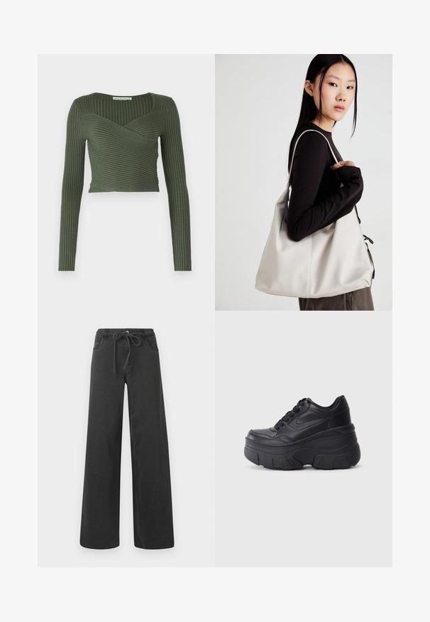 Olivenfarget ribbestrikket langermet topp med omslagdesign og firkantet hals, med horisontal ribbing og en cropped passform.; Sorte videbukser laget av denim, med drawstring-liv, to frontlommer og en jevn tekstur. Ingen synlige mønstre eller detaljer.; Sorte snøresko med tykk såle, med et glatt læroverdel, rund tå og distinkt lagdelt plattformdesign.; Beige håndveske laget av mykt materiale, med en slapp design, sydd detaljer og to skulderstropper. Passer for daglig bruk.