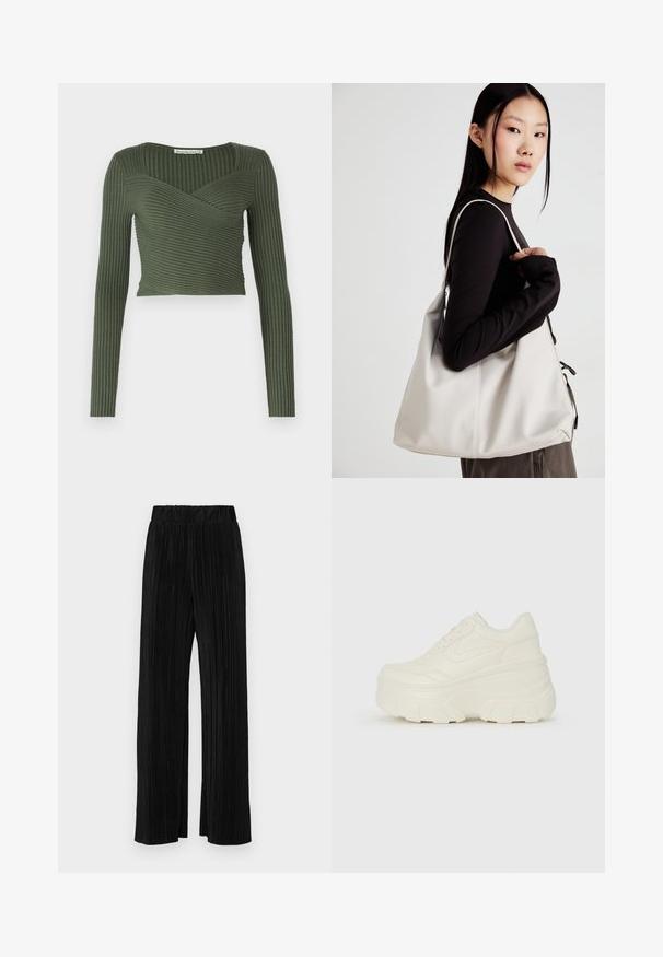 Olive green ribbed long-sleeve top with a wrap design and square neckline, featuring horizontal ribbing and a cropped fit.; Black pleated trousers with an elastic waistband. Features wide legs and a smooth, textured fabric with vertical stripes.; White platform sneakers featuring a smooth leather-like upper, rounded shape, padded collar, and textured rubber sole with defined treads.; Beige handbag made of soft material, featuring a slouchy design, stitched detailing, and two shoulder straps. Suitable for everyday use.