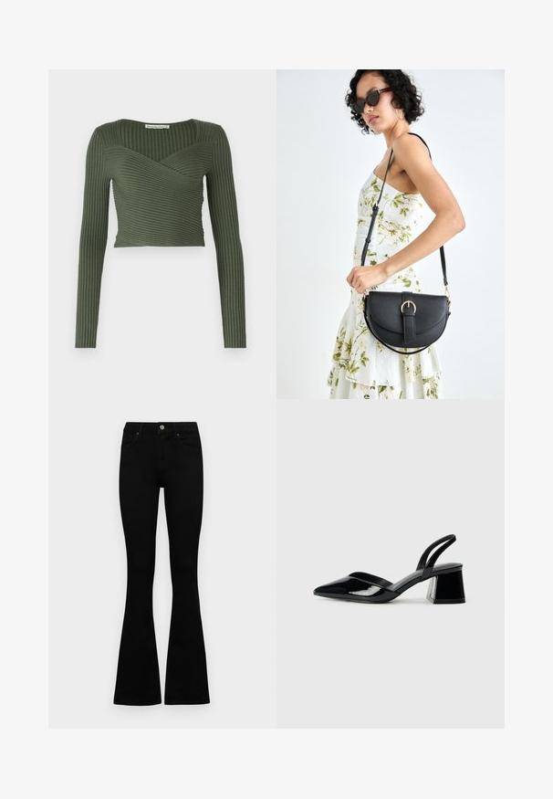 Oliwkowa, prążkowana bluzka z długim rękawem o kroju kopertowym i kwadratowym dekoltem, z poziomymi prążkami i krótkim fasonem.; Czarne, wysokie dżinsy z guzikem i zamkiem błyskawicznym, z przednimi kieszeniami i rozszerzanymi nogawkami, leżące płasko na białym tle.; Czarne lakierowane półbuty na obcasie z wydłużonym noskiem i geometrycznym słupkiem. Charakteryzują się eleganckim, minimalistycznym designem oraz gładką fakturą.; Czarna skórzana torebka o zakrzywionym kształcie, z odpinanym paskiem i złotymi akcentami. Torebka posiada klapę z zapięciem w kształcie klamry.