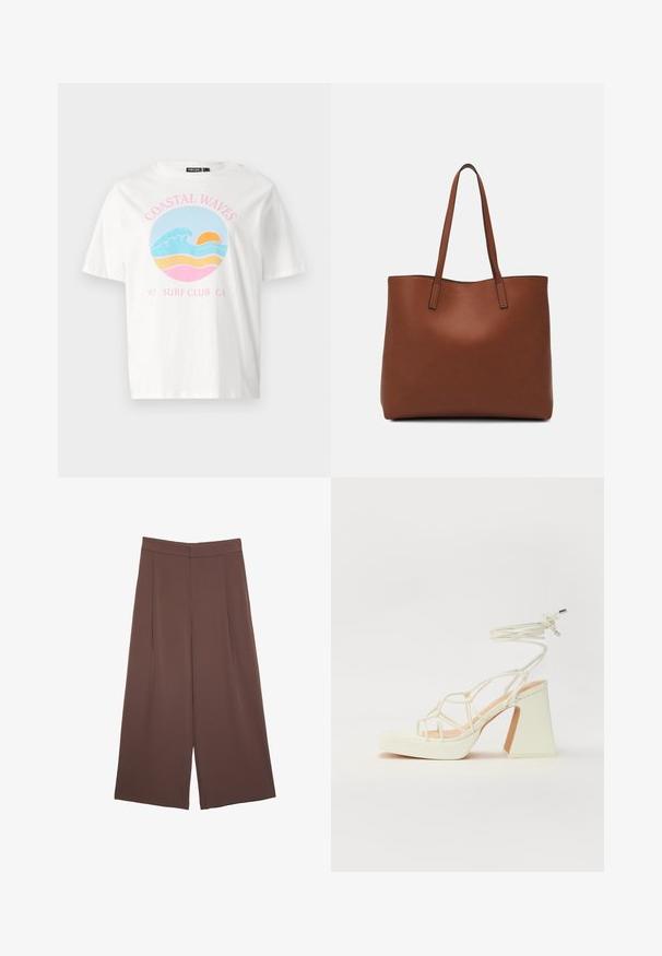 Valkoinen lyhythihainen t-paita, jossa on graafinen kuvasto, joka esittää aaltoja, auringonlaskua ja tekstiä "COASTAL WAVES 97 SURF CLUB CA" vaaleanpunaisena ja sinisenä.; Ruskeat leveälahkeiset housut, joissa on sileä pinta, korkea vyötärö ja etupleat. Kangas on kevyttä ja laskeutuu väljänä.; Valkoinen korkokenkä, jossa on paksu korko, ja joka sisältää nauhakiinnityksen ja nilkkaketjun. Sujuva pinta, jossa on platform-etupohja lisäkorkeutta varten.; Ruskea nahkainen olkalaukku, jossa on sileä pinta, avoin yläosa ja kaksi olkahihnaa. Omaavat vain minimaalisen ompelun eikä näkyvää metalliosaa.