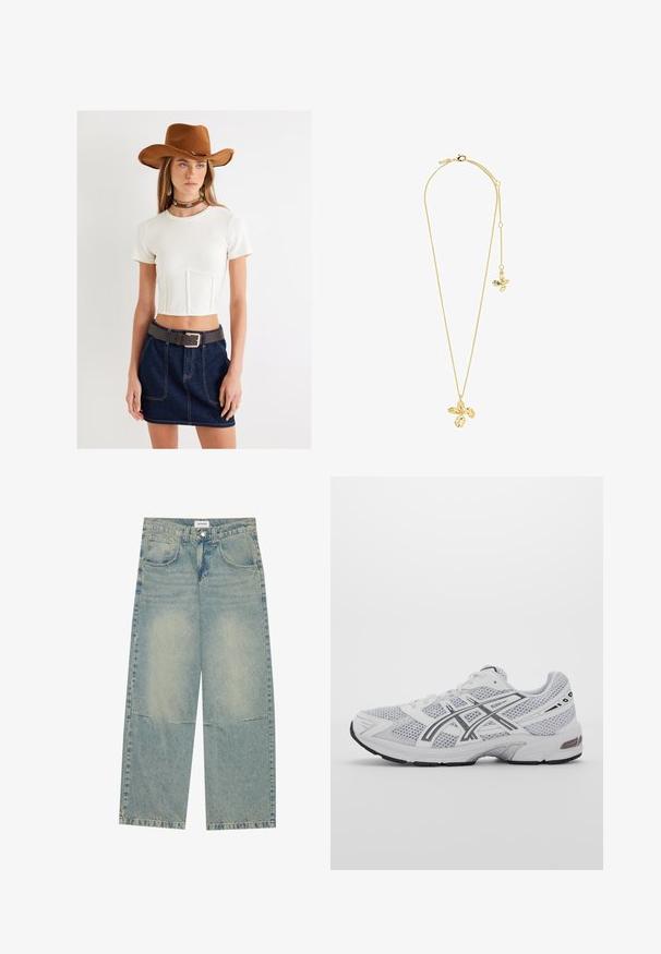 Weißes cropped Top mit kurzen Ärmeln, Jeansrock in Dunkelblau, grauer Gürtel, brauner Filzhut und eine Choker-Halskette mit Türkisakzenten.; Helle blaue weite Jeans aus Denim, ausgestattet mit zwei Vordertaschen, einem Knopfverschluss und einer ausgewaschenen Optik mit sichtbaren Nähten.; Weißes Netz-Athletikschuh mit grauen Akzenten, strukturiertem Design, Schnürsystem, gepolstertem Kragen und Gummisohle für Traktion.; Pilgrim DREAM - Halskette - gold plated