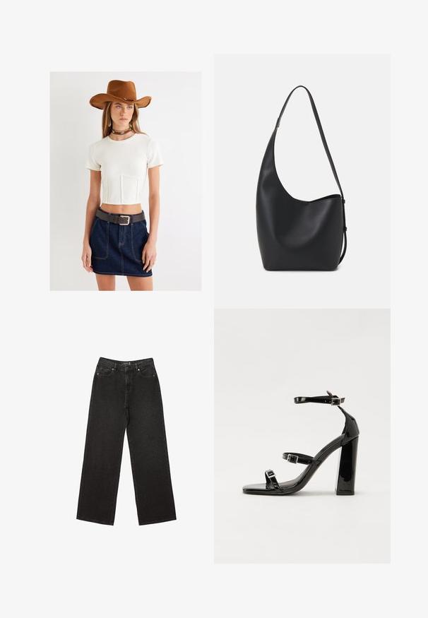 Hvid cropped top med korte ærmer, mørkeblå denimnederdel, grå bælte, brun filt hat og en choker med turkise accenter.; Sorte brede jeans lavet af denim, med små prikkede mønstre, klassisk fem-lomme design og en knap- og lynlåslukning.; Sorte patenterede hælsandaler med firkantet tå, ankelremme og sølvspænder. Har en chunky blokHæl for stabilitet.; Sort læder hobo taske med en glat overflade, buet form og en enkelt justerbar rem; har en bred åbning øverst.