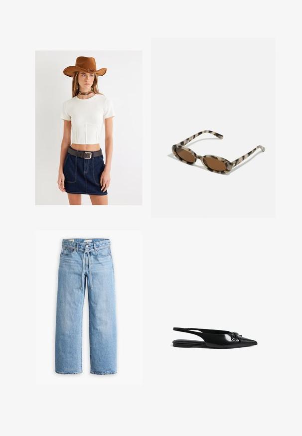 Biały krótki top z krótkimi rękawami, ciemnoniebieska spódnica dżinsowa, szary pasek, brązowy filcowy kapelusz oraz choker z turkusowymi akcentami.; Jasnoniebieskie dżinsy w szerokim kroju z wysokim stanem, z zapięciem na guziki i zamek oraz sznurkiem w talii. Zakończenie w surowym wykończeniu.; Czarne lakierowane baleriny z odkrytą piętą, o zaostrzonym nosku, okrągłym detalu i smukłych paskach zapewniających pewne dopasowanie. Gładkie, błyszczące wykończenie.; Okulary przeciwsłoneczne w kształcie muszki z okrągłymi soczewkami, brązowym filtrem i cienkimi wzorzystymi bokami. Wykonane z lekkiego plastiku z subtelnymi złotymi akcentami.