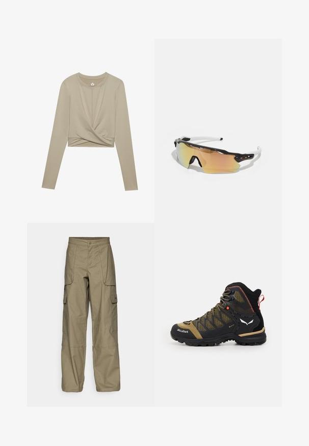 Light beige long-sleeve crop top with a twisted front design, made of smooth fabric. Features a round neckline and fitted sleeves.; Cargo pants in olive green fabric, featuring a loose fit, multiple side pockets, and a button closure at the waist. Smooth texture.; Mid-height hiking boot in black and olive green, featuring a mesh upper, rubber sole, and textured accents with a rear pull tab.; Sunglasses with a black and white frame, large mirrored lenses in gold and pink hues, aerodynamic design, and an extended outer rim.