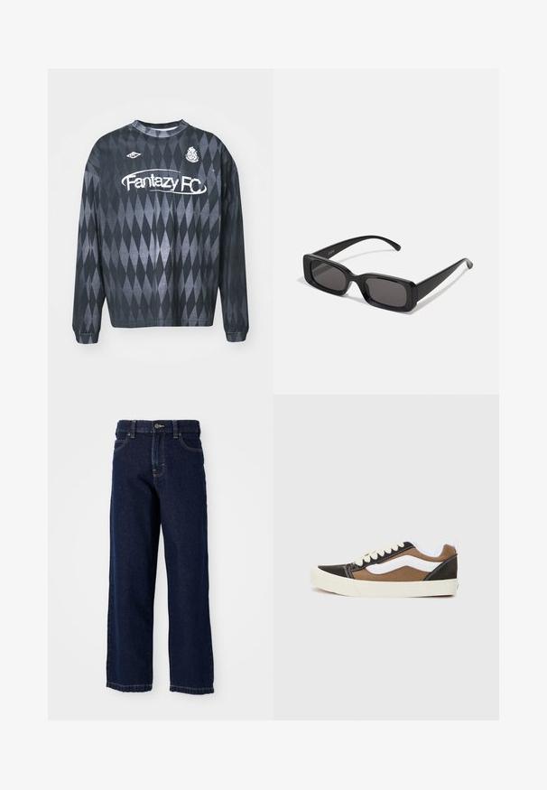 Zwarte gebreide sweatshirt met lange mouwen en een ruitpatroon, met "Fantazy FC" in witte tekst en een klein logo op de bovenste linkerzijde.; Donkerblauwe wijde jeans van denim met een rechte snit, vijf zakken ontwerp en afwerksteken langs de zoom.; Zwarte en bruine sneakers met witte accenten, gemaakt van canvas, laag model, ronde neus en een beige rubberen zool. Kenmerkt zich door contrasterende stiksels.; Zwarte rechthoekige zonnebril met donkere lenzen, glanzende afwerking, brede pootjes en een robuust frameontwerp. Gegraveerde merknaam op één van de pootjes.