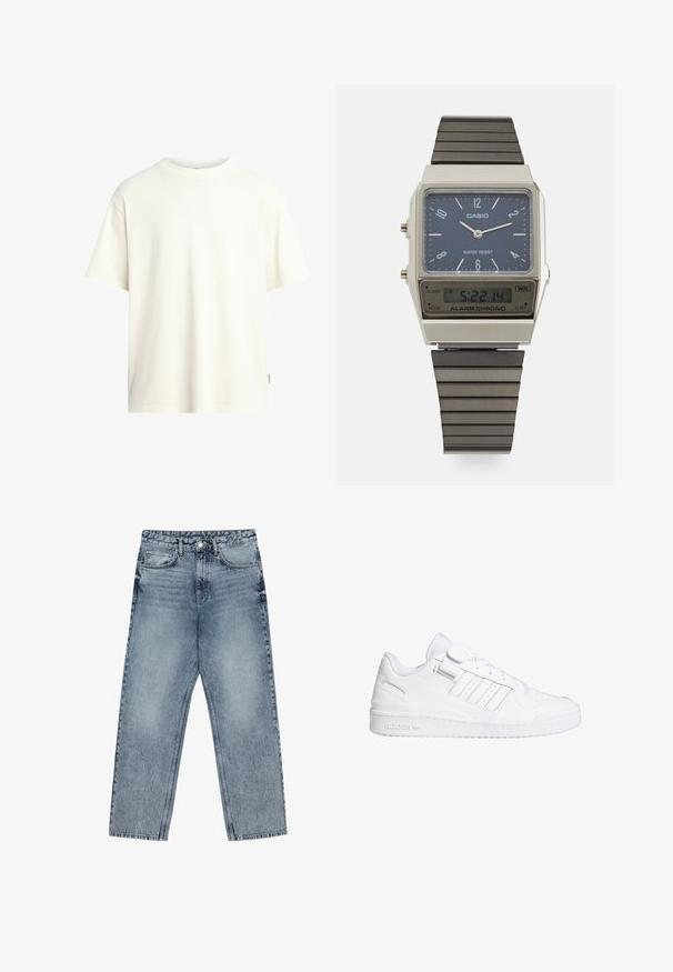 Camiseta de manga corta y cuello redondo en color blanco roto, hecha de algodón suave, con un corte recto y un diseño minimalista sin patrones.; Jeans de mezclilla azul claro con corte recto, costuras visibles, diseño de cinco bolsillos y cierre de botón en la cintura.; Zapatillas deportivas blancas con una parte superior de cuero suave, punta perforada, tres acentos de rayas y una correa de Velcro. Suela de goma con detalle de marca.; Reloj digital Casio con esfera azul, caja plateada y correa de goma negra estratificada. Muestra la hora y la configuración de la alarma. Resistente al agua.
