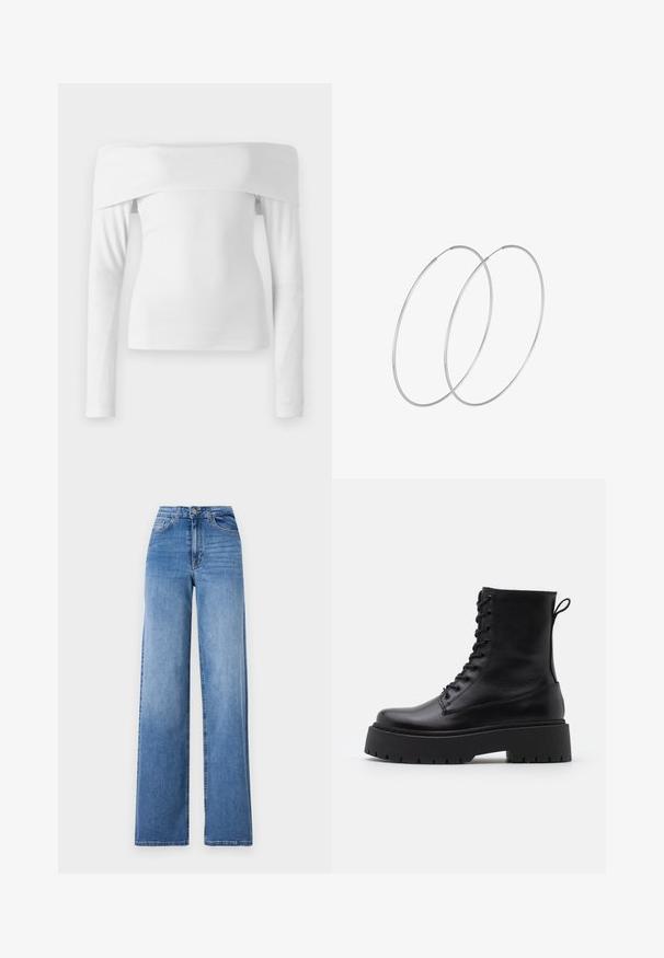 Top bianco a spalla scoperta con maniche lunghe realizzato in morbido cotone. Presenta una silhouette aderente e una texture liscia con un design pulito.; Jeans a gamba larga di un azzurro chiaro, realizzati in denim, con vita alta, tasche frontali e chiusura con bottone standard. Texture liscia.; Stivaletti in pelle nera alla caviglia con punta rotonda, lace-up frontale e suola in gomma spessa con battistrada textured. Tassello sul retro.; Orecchini a cerchio in argento con un design minimalista. Forma circolare, superficie liscia e profilo sottile. Leggeri con una finitura lucida.