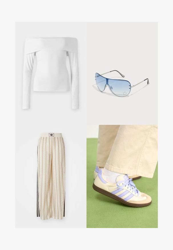 Balta, be petnešėlių, ilgarankovė palaidinė, pagaminta iš švelnios medvilnės. Pasižymi prigludusia siluetu ir glotnia tekstūra, o dizainas yra švarus.; Grietos spalvos plačios kelnės su zigzagų raštu, turinčios juodą logotipo juostą ir šonines juodas juosteles. Lengvas, tekstūruotas audinys.; Kreminės ir levandų spalvos sportbačiai su trims juostelėmis ir tekstūruota ruda padais, su raišteliais ir paminkštintu kulnu. Minkšta medžiaginė viršutinė dalis.; Aviatoriai akiniai su gradientiniais mėlynais objektyvais, sidabriniu metaliniu rėmu ir dekoratyvinėmis žvaigždžių akcentais ant objektyvų. Lygaus ir stilingo dizaino.