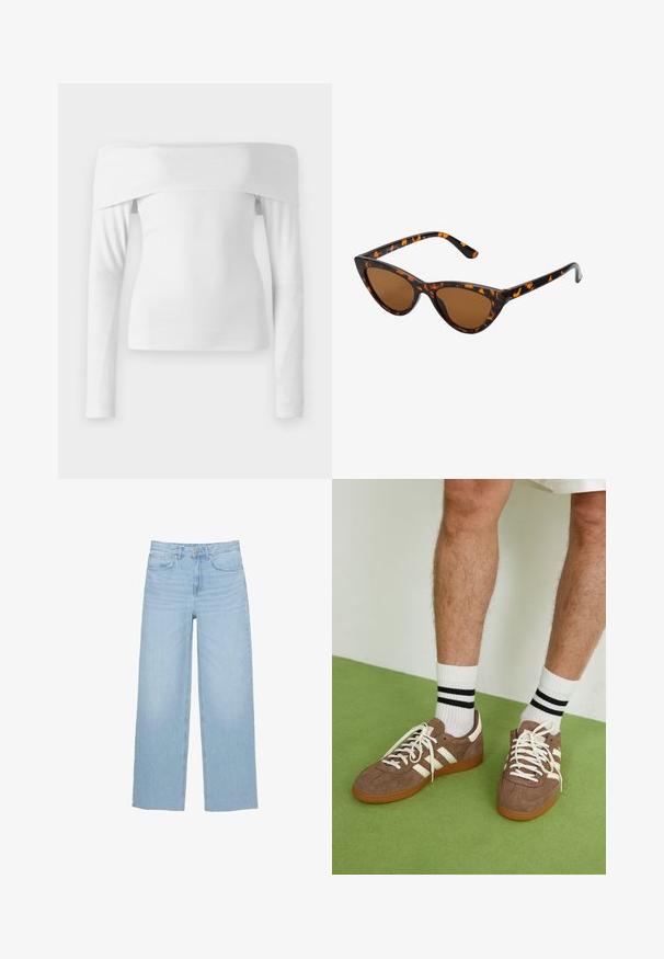 Bílý top s odhalenými rameny a dlouhými rukávy, vyrobený z jemné bavlny. Má upnutý střih a hladký povrch s čistým designem.; Světle modré široké džíny vyrobené z denimu, s vysokým pasem, rovný střih a pět kapsami, s čistým lemem.; Hnědé semišové tenisky s bílými akcenty a tkaničkami. Gumová podrážka. Nošeny s bílými ponožkami s černými pruhy. Zelená strukturovaná podlaha.; Sluneční brýle ve stylu kočičích očí s černo-oranžovým želvovinovým rámem, hnědými skly a elegantními, špičatými konci. Obsahují minimalistické logo na straně.; Zign LEATHER - Velká kabelka - light brown