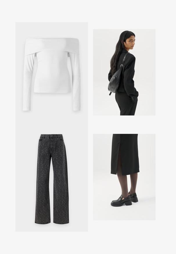 Biały, damski top z opuszczonymi ramionami i długim rękawem, wykonany z miękkiej bawełny. Posiada dopasowaną sylwetkę oraz gładką teksturę z minimalistycznym wzornictwem.; Noisy May NMJANNEL czarny denim; Czarne skórzane buty z okrągłym noskiem, grubym blokowym obcasem i elastycznymi akcentami po bokach, zestawione z ciemnymi rajstopami i czarną spódnicą z rozcięciem.; Kobieta z długimi ciemnymi włosami, ubrana w czarny garnitur, trzymająca czarną skórzaną torbę na ramię, spoglądająca przez ramię na białym tle.; Srebrne kolczyki w formie obręczy o minimalistycznym designie. Okrągły kształt, gładka faktura i cienki profil. Lekkie, z polerowanym wykończeniem.