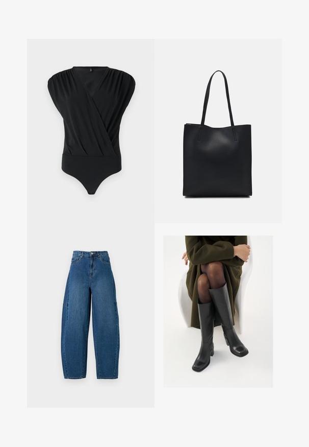 Black bodysuit made of soft fabric, featuring a wrap design, short puff sleeves, and a fitted bottom with a smooth texture.; Denim jeans in a medium blue wash, featuring a high waist, wide leg cut, and standard five-pocket design with visible stitching details.; Knee-high black leather boots with a squared toe and block heel, shown with a model seated in an olive green coat. Smooth texture, minimal detailing.; Black leather tote bag with smooth texture, rectangular shape, and two long handles. No visible hardware or embellishments.