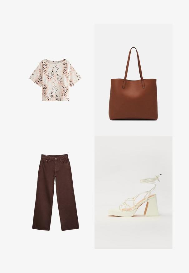 Kortærmet top i lyse pastelfarver med et leopardprint i sort og brunt. Blødt stof, løs pasform og bred halsudskæring.; Brune højtaljede wide-leg jeans med frontknap, lynlås, bæltestropper og fem-lommer stil.; Hvide højhælede sandaler med en kraftig hæl, der har et stropdesign og ankelbinding. Glat tekstur med en platform foran for ekstra højde.; Brun læder tote taske med en glat overflade, åben topdesign og to skulderremme. Har minimal syning og ingen synlig hardware.