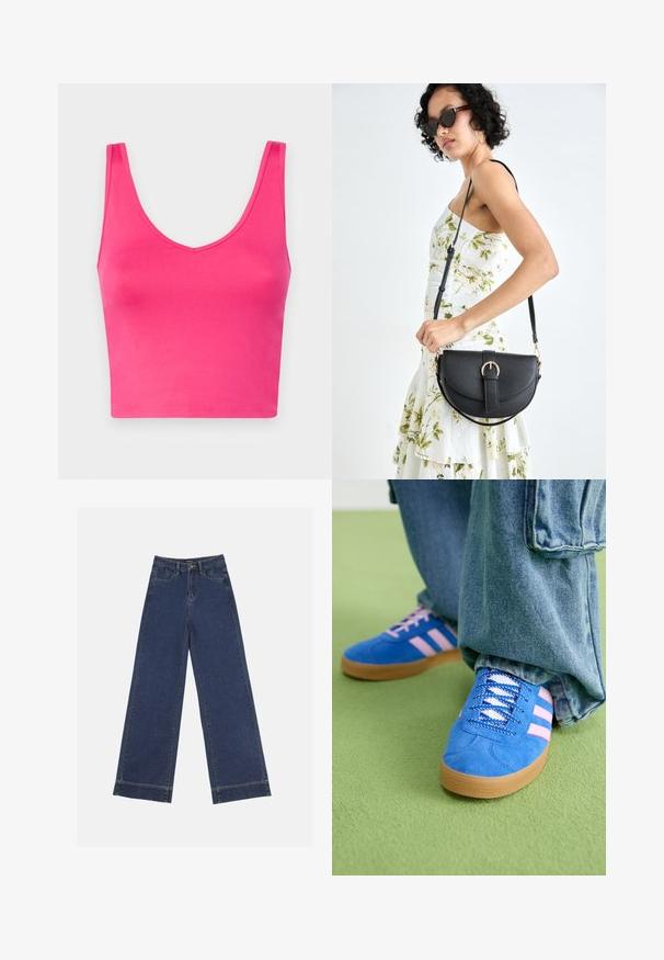 Hollister Co. BARE FLAT SEAMLESS - Top - pink yarrow; Jeans evazați din denim albastru închis. Au cinci buzunare, bucle pentru curea și o margine brută la baza, cu detalii de coasere vizibile.; Pantofi din piele întoarsă albaștri cu dungi roz și șireturi albe, având o talpă din cauciuc gumat, asortați cu pantaloni din denim largi pe o suprafață verde.; Geantă din piele neagră, cu o formă curbată, curea detașabilă și accesorii aurii. Geanta are un capac cu un detaliu tip cataramă.