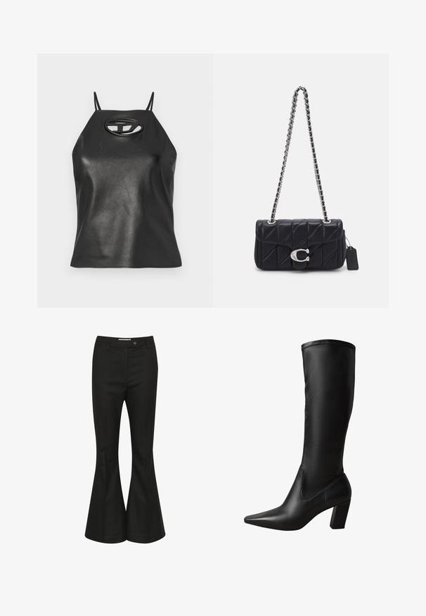 Fekete műbőrből készült top, vékony pántokkal, nyakba akasztható kivitelben, ovális kivágással a mellrészen. Sima textúra, testhez álló fazon.; Fekete, enyhén bővülő nadrág sima anyagból, magas derekú, elöl gombos záródással és elegáns, testhezálló fazonnal.; Fekete bőr térdig érő csizma hegyes orral, vastag sarokkal, sima felülettel és testhez álló kialakítással. Varrás részletek a szár mentén.; COACH TABBY SHOULDER BAG 20 WITH PILLOW QUILTING - Keresztpántos táska - black