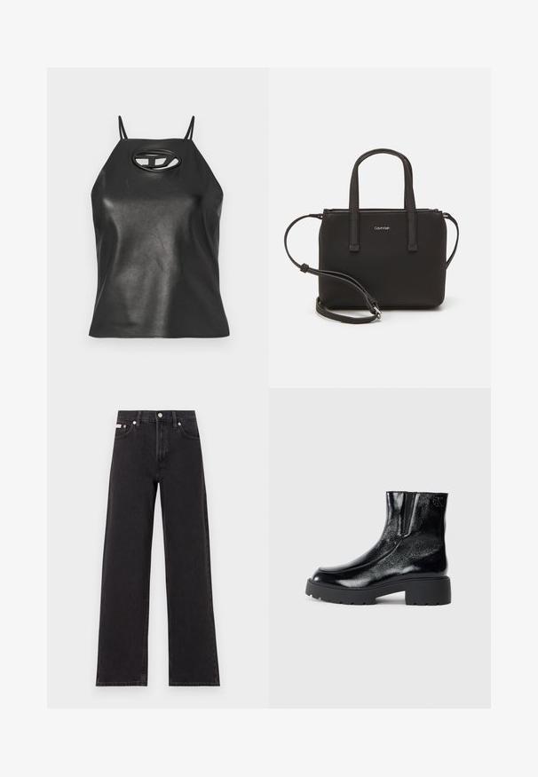 Juodas dirbtinės odos tank top'as su plonais dirželiais, uždaru kaklu ir ovaliu išpjovimu krūtinės srityje. Lygus paviršius, prigludusi forma.; Juodos plačios kojų džinsai, pagaminti iš džinsinio audinio, su aukštu liemeniu, penkių kišenių stiliumi ir metaline sagte su kontrastingo siuvimo detalėmis.; Juodi kulkšniniai batai su blizgia lakuota oda, storu juodu guminio pado ir pakeltu kulnu; šone yra subtilus logotipo detalė.; Juoda rankinė su dviem trumpais rankenėlėmis ir nuimamu petį. Lygaus odos tipo medžiaga su užtrauktuku ir logotipo detale.