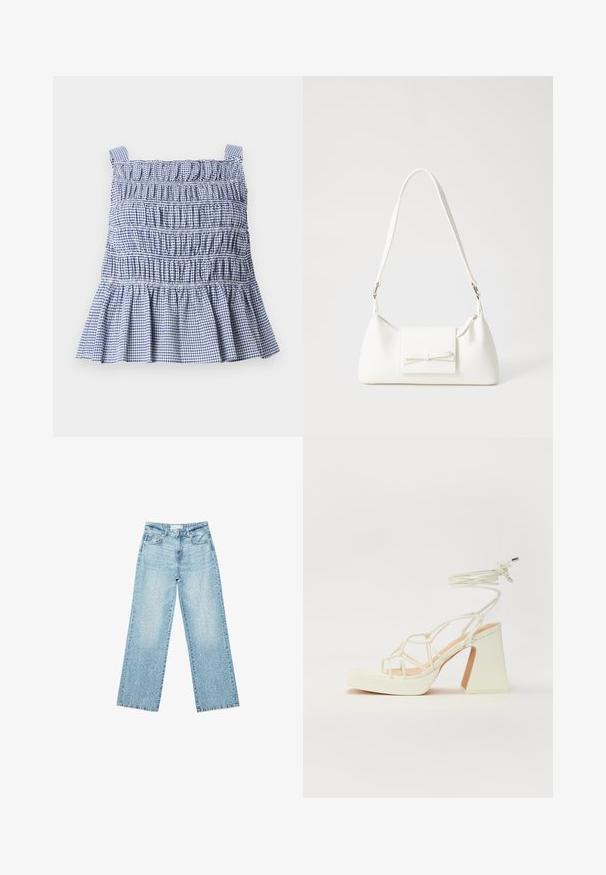 Modrá a biela károvaná blúzka s nariadeným živôtikom, nastaviteľnými ramienkami a volánovým lemom. Bavlnená látka s na gathered textúrou po celom obvode.; Svetlomodré džíny s širokými nohavicami a vysokým pásom, so zosvetlenou úpravou a malými, rozptýlenými poškodenými detailmi po celom obvode.; Biele sandále na vysokom opätku s hrubým podpätkom, s pruhovaným dizajnom a viazaním na členku. Hladký povrch s platformou vpredu pre zvýšenú výšku.; Biela syntetická kabelka s trojuholníkovým tvarom, plochým predným klapkou a detailom mašle, nastaviteľným popruhom, hladkou textúrou a minimalistickým dizajnom.