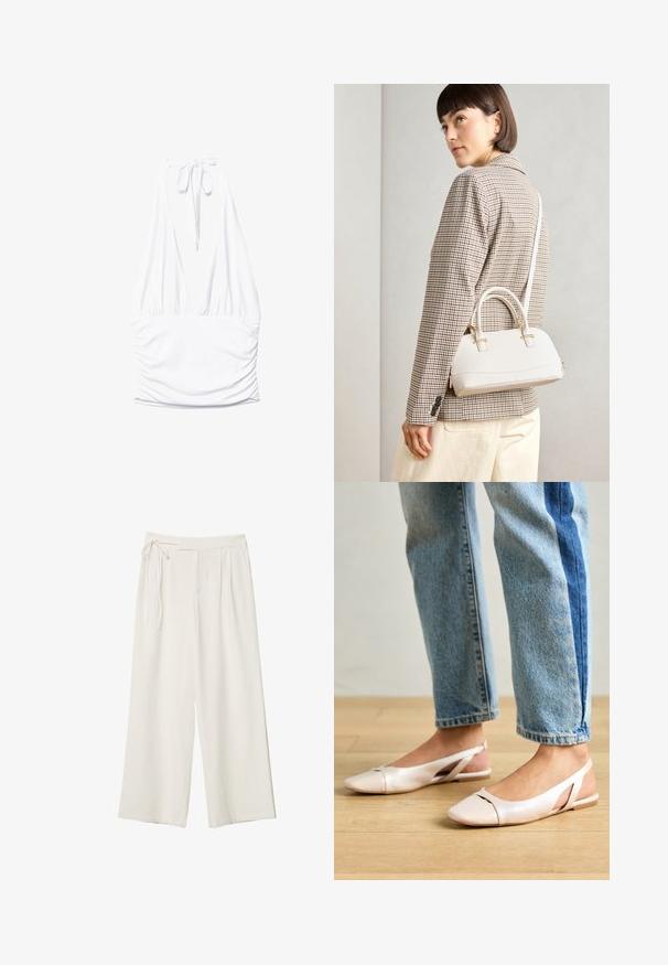 Stradivarius GATHERED HALTER - Top - white; Weite Hosen aus elfenbeinfarbenem Stoff mit glatter Textur. Verfügt über einen gebundenen Bund und einen gefalteten Vorderteil, konzipiert für eine entspannte Passform.; Blassrosa Slingback-Ballerinas mit spitzem Punkt, aus einem glatten, lederähnlichen Material. Mit Ausschnitten an den Seiten und einem flachen Absatz.; Weiße strukturierte Handtasche mit kurzen Griffen und einem Schultergurt, ausgestattet mit goldfarbenen Hardware-Elementen und strukturiertem Material, vor einem grauen Hintergrund präsentiert.