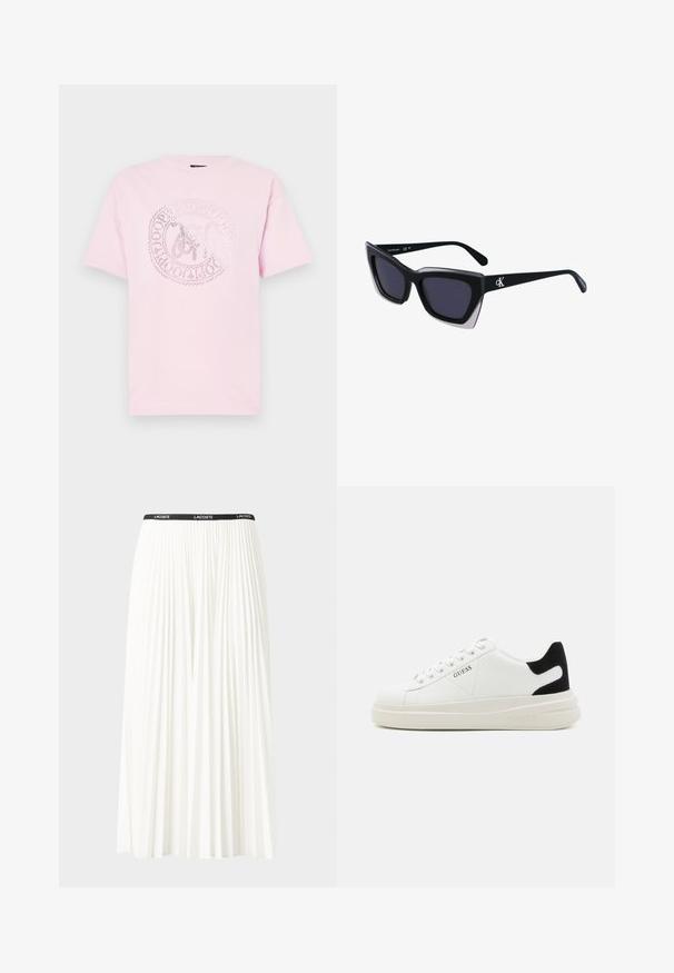Rosa bomull t-skjorte med rund hals og korte ermer. Har en sølvtrykt sirkellogo design i midten.; Plissert hvit skjørt med en svart elastisk midje som har "LACOSTE"-logoen. Midjelengde design med myk tekstur.; Hvite lær sneakers med tykk hvit såle, svart semsket hælforsterkning og preget logo på siden. Snøresystem med seks hull.; Store svarte solbriller i overdimensjonert størrelse med geometrisk form, med mørke linser og en kontrasterende grå detalj på rammen. Logo på armen.
