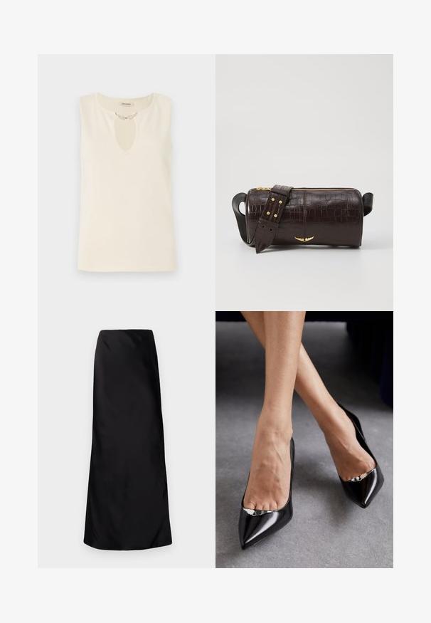Ujjatlan felső krém színű anyagból, amelyen díszes levél alakú díszítők találhatók a kulcslyuk nyakvonalnál. Egyszerű szabás és sima textúra jellemzi.; Norma Kamali BIAS OBIE SKIRT - Maxi szoknya - black; Fekete bőrből készült magassarkú cipők, hegyes orral és nyitott kialakítással, dísz ezüst kiegészítővel. Simává polírozott textúrával.; Barna krokodilbőr hatású bőr táska henger alakú, arany tónusú fémveretekkel és lecsatolható, szegecsekkel díszített pánttal.