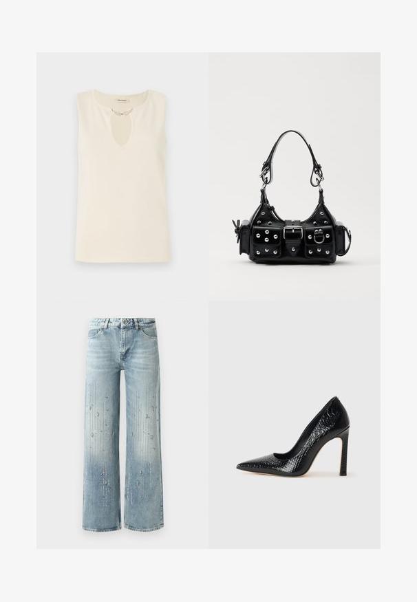 Sleeveless top in cream fabric featuring a keyhole neckline adorned with decorative leaf-shaped embellishments. Simple cut and smooth texture.; Light blue wide-leg jeans made of denim, featuring a gradient color effect and embellishments of silver rhinestones in a vertical pattern.; Black pointed-toe high heel shoe with a crocodile-skin texture, featuring a sleek design, high stiletto heel, and smooth black interior.; Black leather handbag with a curved design, featuring silver studs, a buckle, and two side pockets. Adjustable strap for carrying options.
