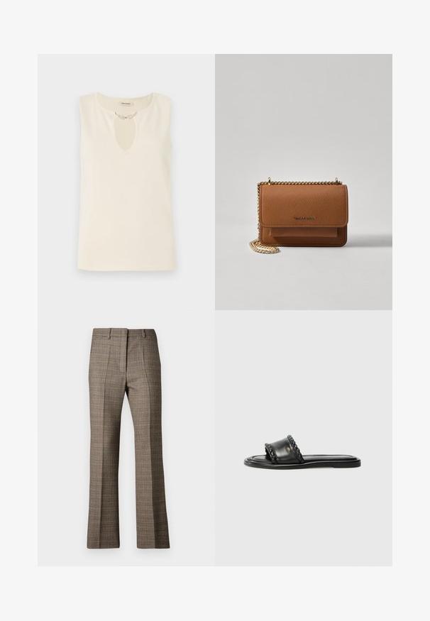 Sleeveless top in cream fabric featuring a keyhole neckline adorned with decorative leaf-shaped embellishments. Simple cut and smooth texture.; Brown plaid trousers with a straight leg cut, featuring a textured fabric and subtle colors of beige and darker browns throughout the pattern.; Black leather sandal with a woven strap detail, flat sole, and a sleek design. Smooth texture and minimalistic profile.; Brown textured leather crossbody bag with gold chain strap and flap closure. Front features logo detail and a pocket under the flap.