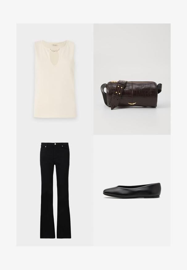 Top bez rękawów w kremowym kolorze z dekoltem w kształcie klucza ozdobionym dekoracyjnymi elementami w kształcie liści. Prosty krój i gładka faktura.; Czarne dzwony z denimu, z dwoma przednimi kieszeniami, zapięciem na guzik i gładką fakturą. Widoczne charakterystyczne szycie na szwach.; Paul Smith TOPANGA czarny; Brązowa torba ze skóry z tłoczeniem krokodyla w kształcie cylindrycznym, z metalowymi elementami w kolorze złotym oraz odczepianym paskiem z ćwiekami.