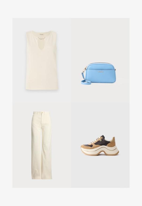 Top bez rękawów w kremowym kolorze z dekoltem w kształcie klucza ozdobionym dekoracyjnymi elementami w kształcie liści. Prosty krój i gładka faktura.; Polo Ralph Lauren - Spodnie materiałowe; Sneakers z grubą podeszwą w beżowym i ciemnobrązowym kolorze z zamszowymi akcentami, białymi sznurowadłami oraz małym złotym charmsami MK z boku.; Jasnoniebieska skórzana torebka na ramię z złotymi akcentami, zamknięciem na zamek błyskawiczny i przednią kieszenią. Posiada regulowany pasek dla wygody.
