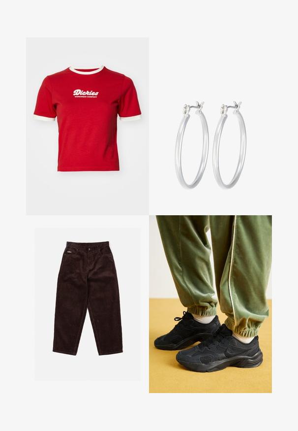 Punainen puuvillapaita, jossa on valkoiset kontrastiväriset resorit hihoissa ja kaula-aukossa. Edessä on valkoinen "Dickies Workwear Company" -logo.; Ruskeat corduroy-housut, joissa on suora lahkeensuu, etupainikekiinnitys, viisi taskua ja hillitty rakenne kankaan nystyröistä.; Mustat urheilukengät, joissa on verkko- ja synteettisiä päällysteitä, teksturoitu pohja, yhdistetty vihreisiin joustaviin hihnallisiin collegehousuihin, keltaisella pinnalla.; Hope-silver rengas, joissa on sileä ja kiillotettu pinta. Pyöreä muoto ja turvallinen napsautettava lukitus. Kevyt muotoilu sopii päivittäiseen käyttöön.