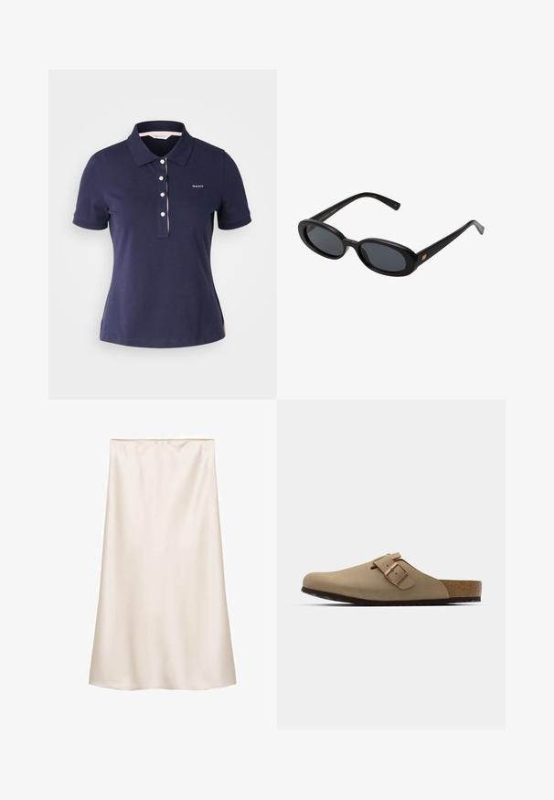 Navyblauwe katoenen polo met een klassieke kraag, drie knopen en een roze accent langs de kraag. Bevat een klein logo op de borst.; Satijnen midi-jurk in off-white, rechte snit met een elastische tailleband, gladde textuur en geen zichtbare patronen of accenten.; Beige klompen met een afgeronde neus, verstelbare gespaccent, en kurk voetbed. Gestructureerd oppervlak met een zwarte rubberen zool voor grip.; Zwarte oversized zonnebril met ovale lenzen, een glad plastic montuur en gouden accenten op de pootjes. Donkere lenzen bieden bescherming tegen de zon.