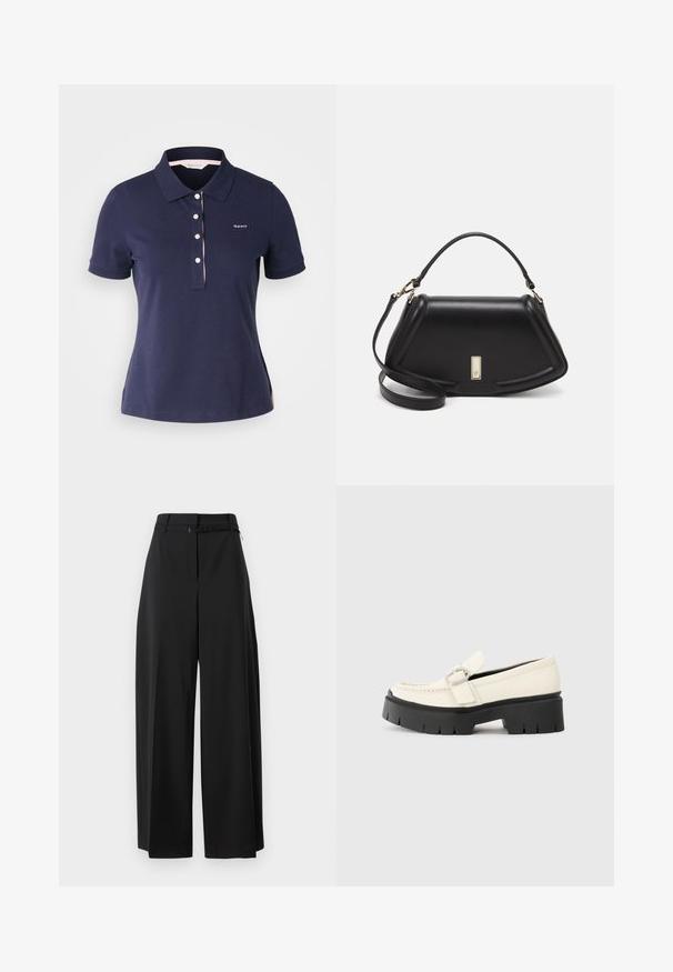 Navyblauwe katoenen polo met een klassieke kraag, drie knopen en een roze accent langs de kraag. Bevat een klein logo op de borst.; Zwarte wijde broek met hoge taille en een riem. Heeft een soepele textuur en strakke lijnen, ontworpen voor een ontspannen pasvorm.; Witte leren loafer met een stevige zwarte plateauzool, voorzien van een rechthoekige zilveren gesp en zichtbare stiksels op de bovenkant.; Zwarte leren handtas met een gestructureerd ontwerp, featuring een verkorte vorm, bovenhandvat en gouden hardwareaccent. Inclusief verstelbare schouderband.