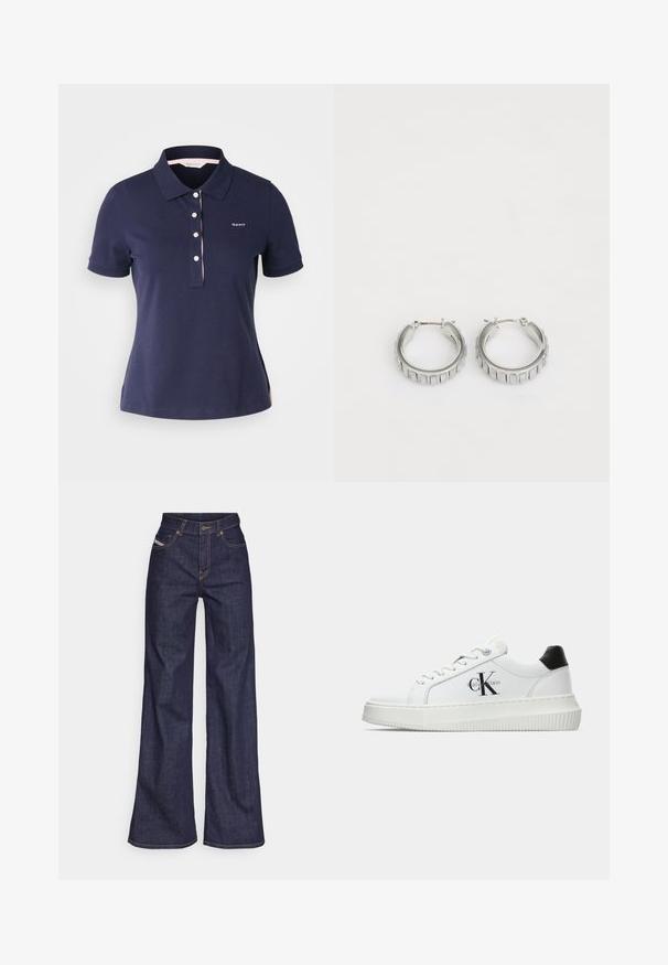Tengerészkék pamut pólóing klasszikus gallérral, három gombbal és rózsaszín díszítéssel a gallér mentén. Kicsi logó található a mellrészen.; Sötétkék, bő szárú farmernadrág, magas derékkal, narancssárga varrással, öt zsebes kialakítással és gombos zárással.; Fehér alacsony szárú edzőcipő fekete saroktabbal, platform talppal, fűzőkkel és Calvin Klein "CK" logóval az oldalán.; Ezüst fülbevalók, texturált mintával, függőleges barázdákkal. Kerek forma, biztos záródással. Sima felület.